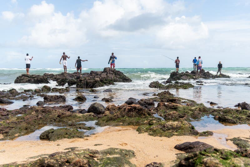 Salvador, Bahia, Brazil - May 01, 2021: fishermen on the rocks catching fish with their fishing poles on the beach of Rio Vermelho. Salvador, Bahia, Brazil - May 01, 2021: fishermen on the rocks catching fish with their fishing poles on the beach of Rio Vermelho