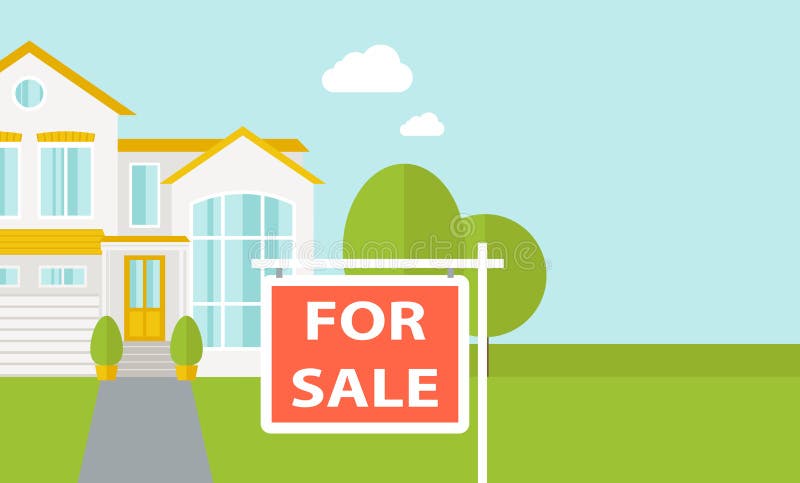 A house with for sale placard. Vector flat design illustration. Horizontal layout with text space in right side. A house with for sale placard. Vector flat design illustration. Horizontal layout with text space in right side.