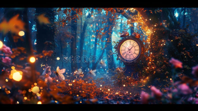 在魔法森林中穿越时间的神奇旅程. 库存照片