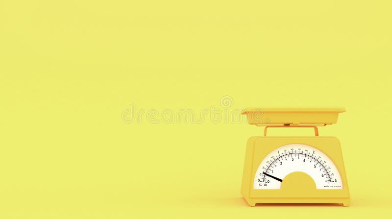 在黄色背景的黄色老厨房重量标度与文本或商标的自由空间 复制空间 3d翻译 皇族释放例证