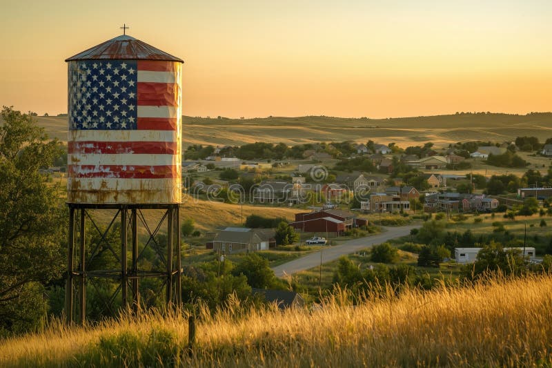 在黄金时段，一幅美国国旗画在俯瞰小镇的水塔上 库存照片