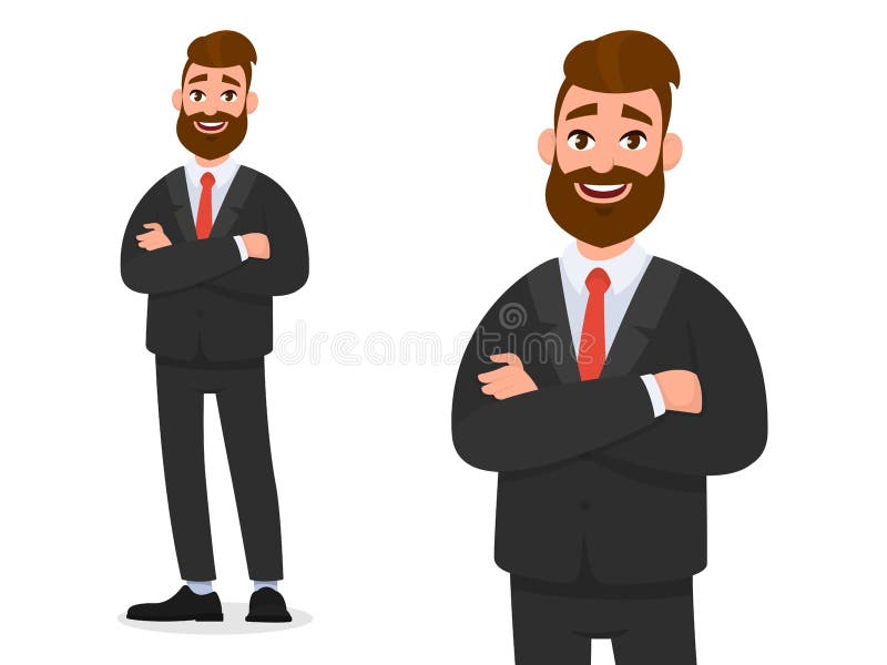 在黑礼服的微笑的确信的商人与胳膊在白色背景画象横渡了隔绝和全视图 库存例证 在黑礼服的微笑的确信的商人与胳膊在白色背景画象横渡了隔绝和全视图 库存例证