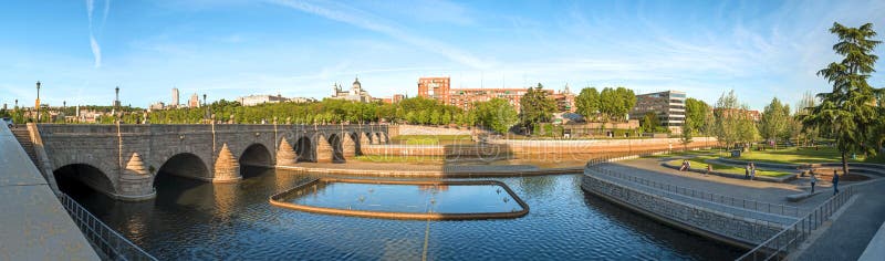 Panoramic view. Madrid Skyline with the Segovia Bridge, Almudena Cathedral and the Royal Palace. Panoramic view. Madrid Skyline with the Segovia Bridge, Almudena Cathedral and the Royal Palace