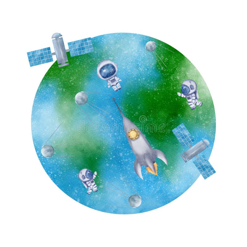 地球卫星全月空间火箭飞船宇航员头盔. 水彩数字插图 免版税库存照片