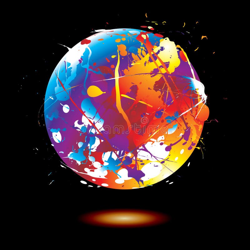 Round ink splat with a rainbow effect and drop shadow on a black background. Round ink splat with a rainbow effect and drop shadow on a black background