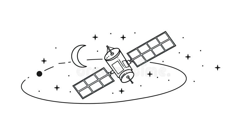 地球轨道卫星，新月，星空背景，全球技术太空探索艺术 向量例证