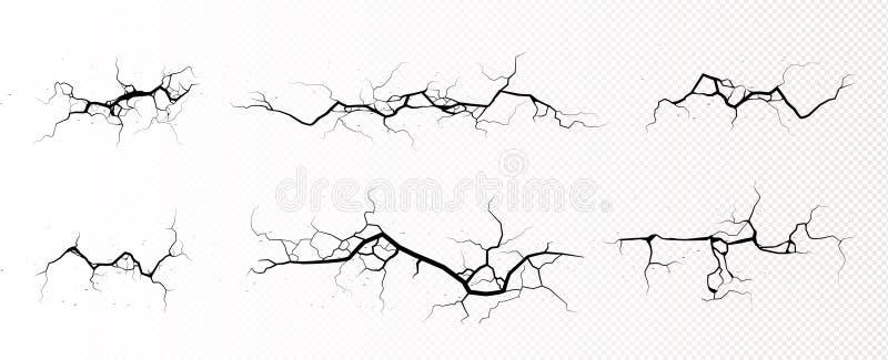 Ground cracks, horizontal breaks on land surface isolated on transparent background. Vector realistic set of fissure in ground, crevices from disaster or drought, black fractures top view. Ground cracks, horizontal breaks on land surface isolated on transparent background. Vector realistic set of fissure in ground, crevices from disaster or drought, black fractures top view