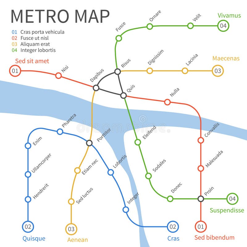 Metro subway train map. Vector urban transportation concept. Underground railway transportation and way under river illustration. Metro subway train map. Vector urban transportation concept. Underground railway transportation and way under river illustration