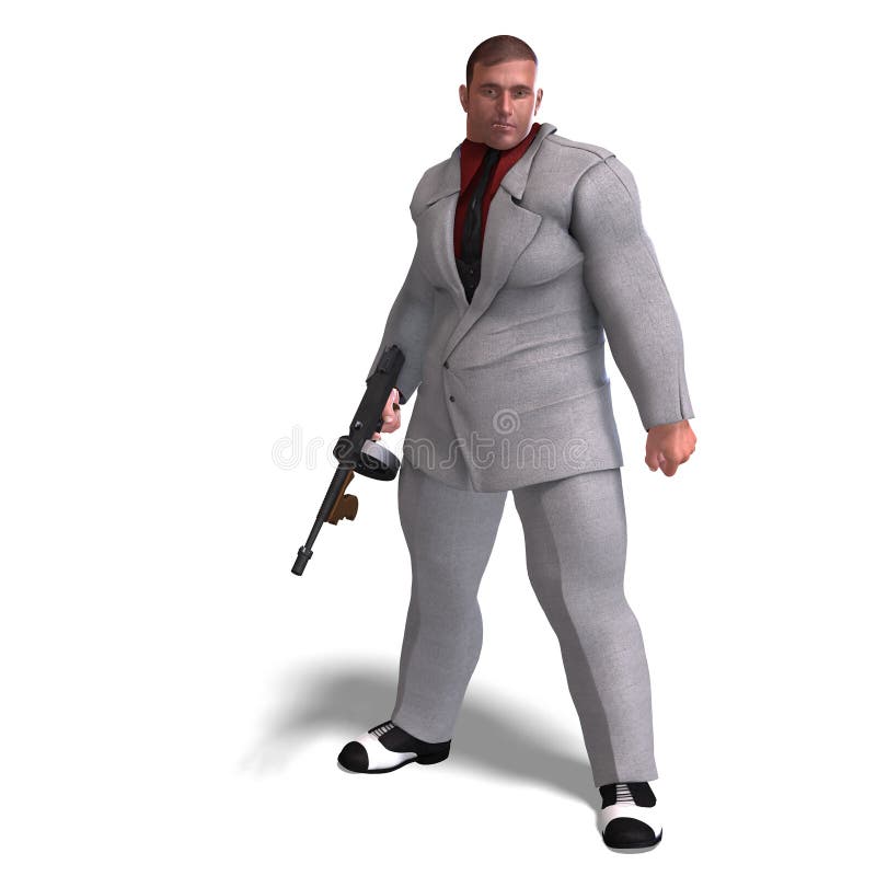 3D rendering of a bad mafia gun man with clipping path and shadow over white. 3D rendering of a bad mafia gun man with clipping path and shadow over white