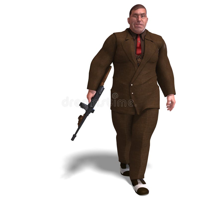 3D rendering of a bad mafia gun man with clipping path and shadow over white. 3D rendering of a bad mafia gun man with clipping path and shadow over white