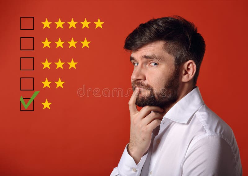 The bad, failure worst rating, evaluation, online review. One star. The time to make better your business and do something. Happy doubt bearded business gesturing the hand on red background. The bad, failure worst rating, evaluation, online review. One star. The time to make better your business and do something. Happy doubt bearded business gesturing the hand on red background