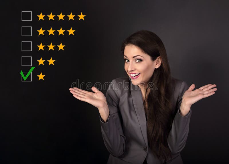 The bad, failure worst rating, evaluation, online review. One star. The time to make business better. Wonder emotional resentful business woman in suit on grey background. The bad, failure worst rating, evaluation, online review. One star. The time to make business better. Wonder emotional resentful business woman in suit on grey background