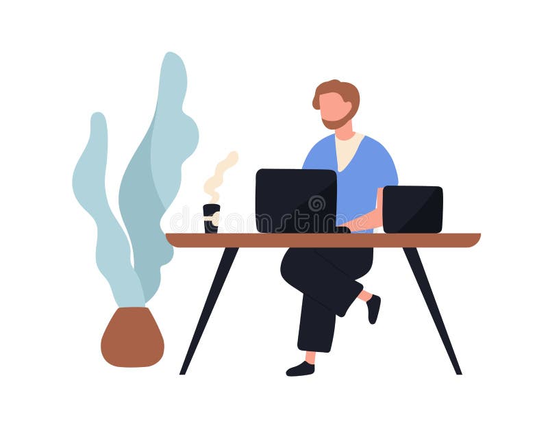 坐在书桌和研究手提电脑的可爱的人 逗人喜爱的年轻男性雇员,创造性的自由职业者的工作者或者 皇族释放例证 坐在书桌和研究手提电脑的可爱的人 逗人喜爱的年轻男性雇员,创造性的自由职业者的工作者或者 皇族释放例证