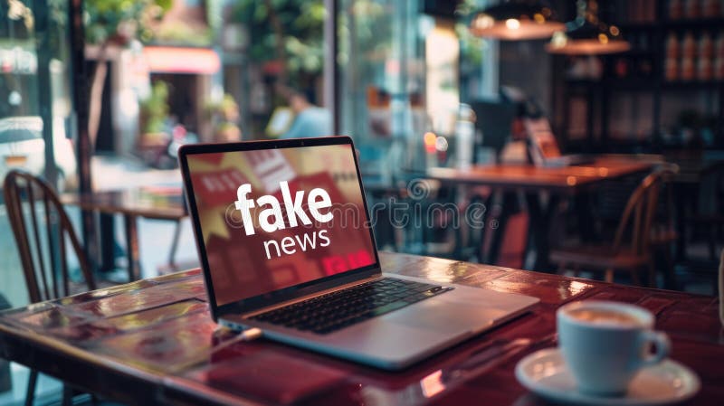 A laptop computer sitting on top of a wooden table. Words Fake News on a screen. AI generated. A laptop computer sitting on top of a wooden table. Words Fake News on a screen. AI generated