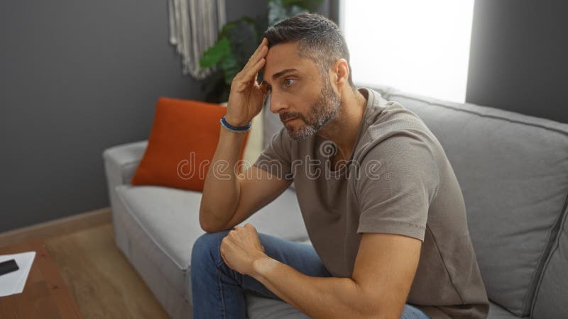 坐在现代客厅里的西班牙裔年轻男子看上去十分沉闷,客厅里有一张中和的沙发和橙色的垫子,反映出来 库存照片