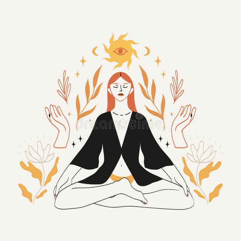 坐莲的沉思女人布霍式,天体神秘,花卉元素 向量例证