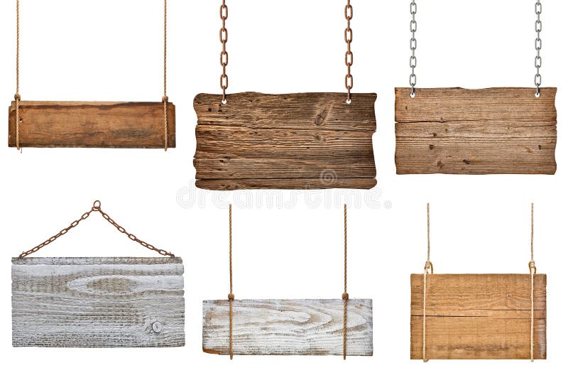 Collection of various empty wooden signs hanging on a rope and chain on white background. each one is shot separately. Collection of various empty wooden signs hanging on a rope and chain on white background. each one is shot separately