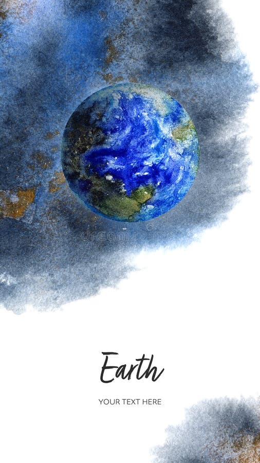 垂直设计行星设置带地球的水色脊模板 手绘水彩插图 库存图片