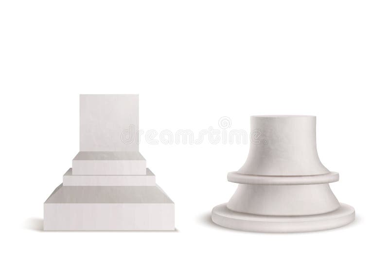 Pedestal, plinth, marble podium set isolated on white background. Mockup graphic element for product or exhibit presentation. Stone bust stand for historical museum. Realistic 3D Vector Illustration. Pedestal, plinth, marble podium set isolated on white background. Mockup graphic element for product or exhibit presentation. Stone bust stand for historical museum. Realistic 3D Vector Illustration.