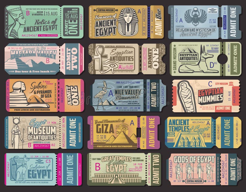 Ancient Egypt culture tickets to museum, antiquity shop or exhibitions. Vector vintage tickets with Egypt sphinx sightseeing, Giza pyramids tour or Pharaoh mummy history attractions travel trips