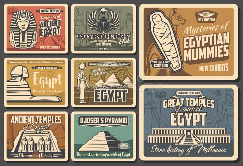 Ancient Egypt retro vector posters. Cairo pyramids travel, Egyptian mummies, Pharaoh mysteries. Egyptology exhibition and museum, god temples and monuments, vintage Egypt landmarks and sightseeing. Ancient Egypt retro vector posters. Cairo pyramids travel, Egyptian mummies, Pharaoh mysteries. Egyptology exhibition and museum, god temples and monuments, vintage Egypt landmarks and sightseeing