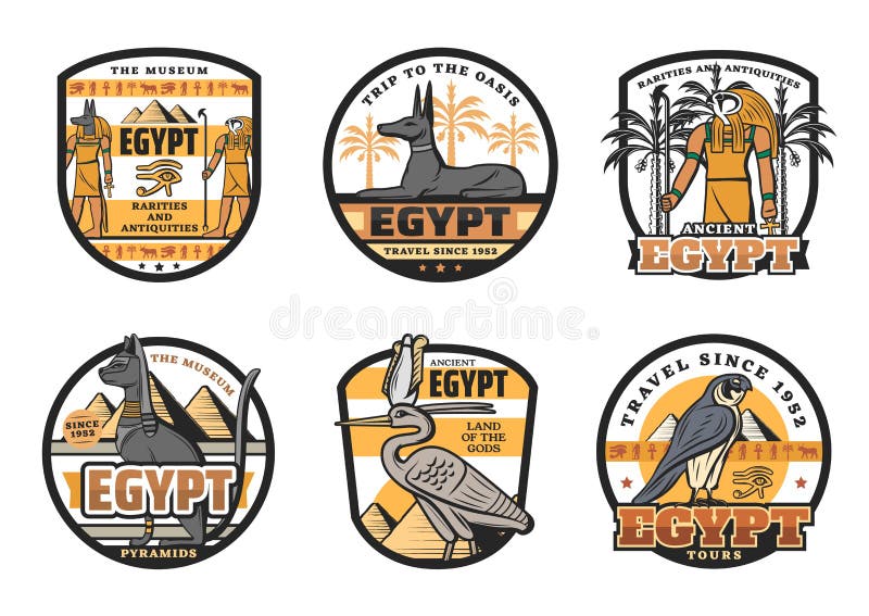 Travel to Egypt icons, Egyptian gods and country sights. Isolated vector Ra and Anubis, dog and cat, falcon and stork. Great pyramids on ancient museum of rarities and antiquities symbols. Travel to Egypt icons, Egyptian gods and country sights. Isolated vector Ra and Anubis, dog and cat, falcon and stork. Great pyramids on ancient museum of rarities and antiquities symbols