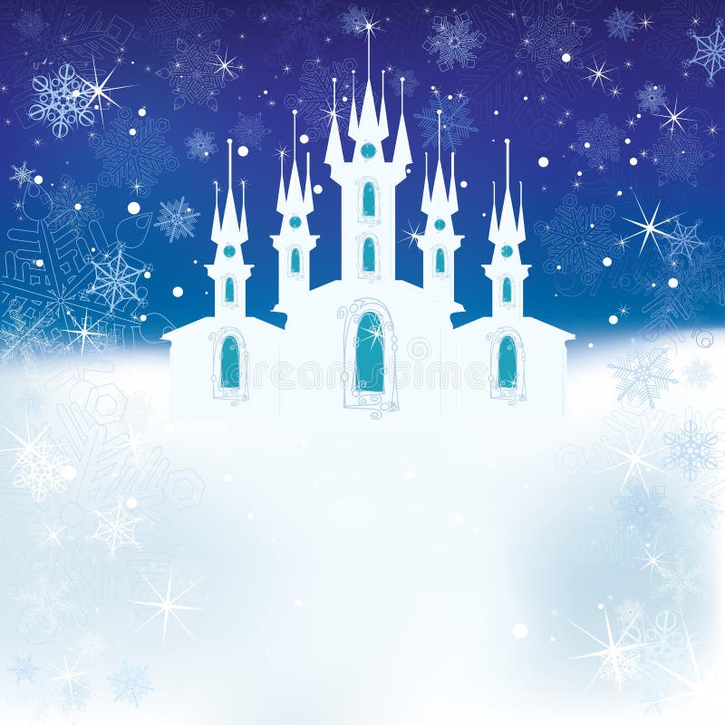 Winter scene with the ice castle and snow flakes. Vector. Winter scene with the ice castle and snow flakes. Vector.