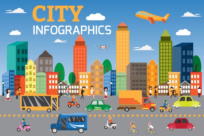 City infographics elements. Graphics detail of transportation and city traffic with people having activities in city. can be used for advertising board and workflow layout, web design, banner template. Vector illustration. City infographics elements. Graphics detail of transportation and city traffic with people having activities in city. can be used for advertising board and workflow layout, web design, banner template. Vector illustration.