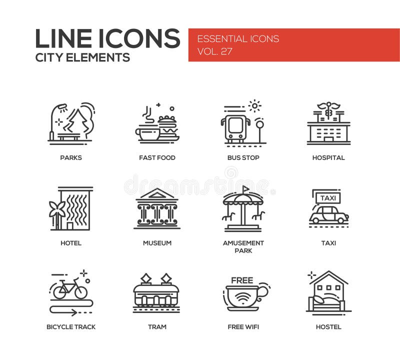 Set of modern vector plain line design icons and pictograms of city buildings and elements. Hotel, bus stop, museum, taxi, bicycle track, wifi zone, hostel, tram, hospital, fast food, parks, amusement park. Set of modern vector plain line design icons and pictograms of city buildings and elements. Hotel, bus stop, museum, taxi, bicycle track, wifi zone, hostel, tram, hospital, fast food, parks, amusement park