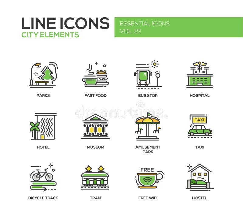 Set of modern vector line design icons and pictograms of city buildings and elements. Hotel, bus stop, museum, taxi, bicycle track, wifi zone, hostel, tram, hospital, fast food, parks, amusement park. Set of modern vector line design icons and pictograms of city buildings and elements. Hotel, bus stop, museum, taxi, bicycle track, wifi zone, hostel, tram, hospital, fast food, parks, amusement park