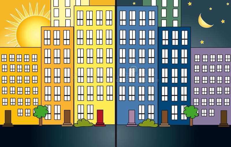 Illustration of city night and day. Illustration of city night and day