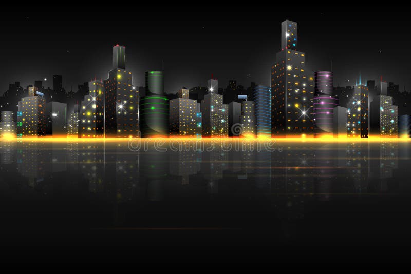 Illustration of night scene of city with illuminated building. Illustration of night scene of city with illuminated building