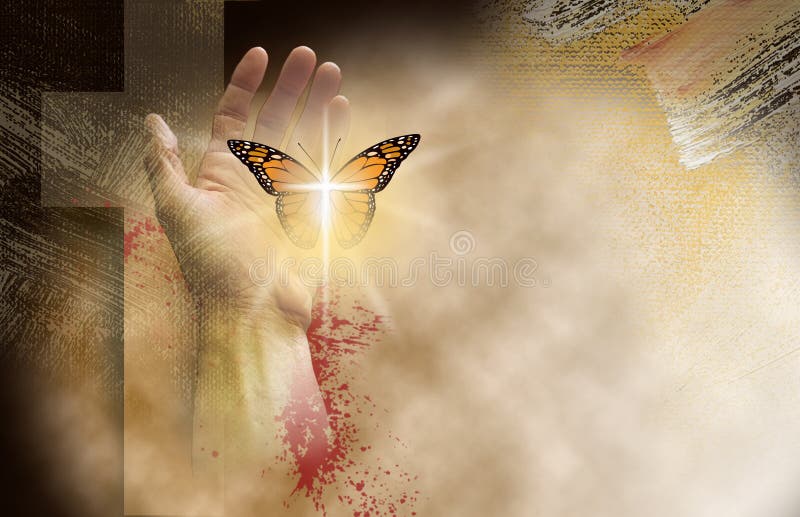 Conceptual graphic of the Christian cross of Jesus with hand setting an iconic butterfly free. Art symbolic of reborn life found in Christ`s sacrifice and forgiveness of sins. Conceptual graphic of the Christian cross of Jesus with hand setting an iconic butterfly free. Art symbolic of reborn life found in Christ`s sacrifice and forgiveness of sins.