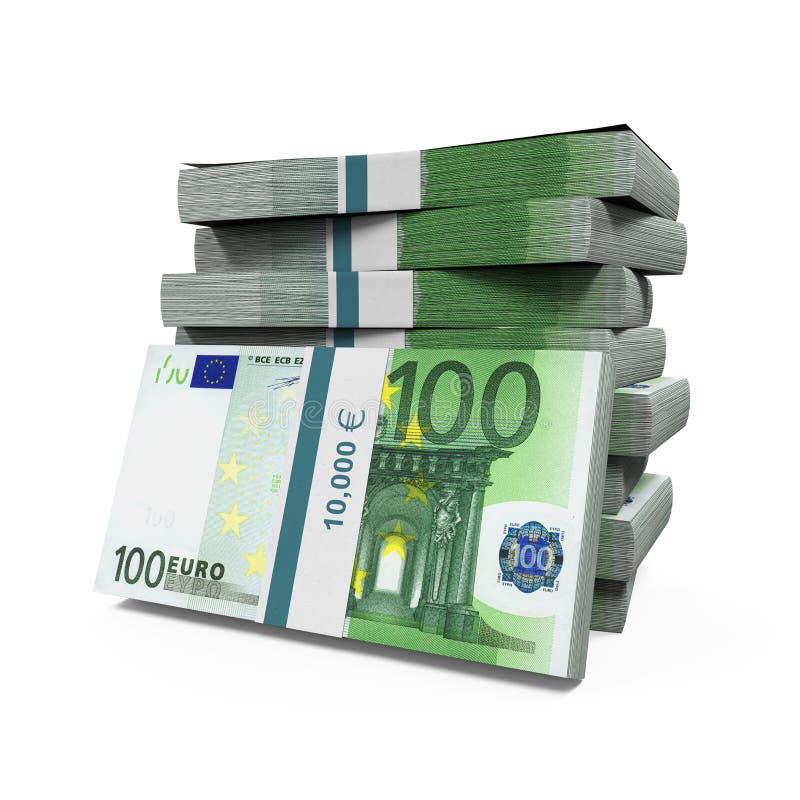 Stacks of 100 Euro Banknotes isolated on white background. 3D render. Stacks of 100 Euro Banknotes isolated on white background. 3D render