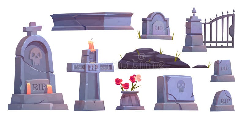 Cemetery set, graveyard tombstone, cracked stone cross with rip signature and extinguished candle, metal gate, ancient mausoleum tomb isolated on white background Cartoon vector illustration, clip art. Cemetery set, graveyard tombstone, cracked stone cross with rip signature and extinguished candle, metal gate, ancient mausoleum tomb isolated on white background Cartoon vector illustration, clip art