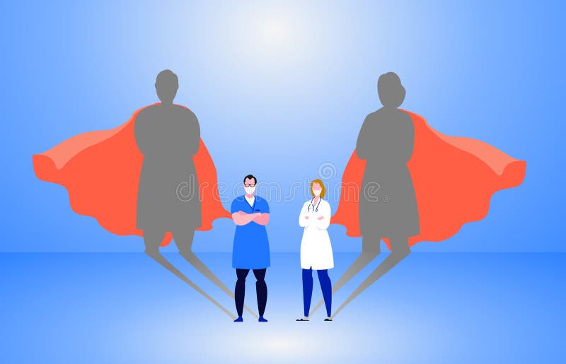 Doctor and nurse wearing medical masks with superhero shadow on the wall. Hospital staff, nurses heroes fight corona virus pandemic, epidemic. Strong, courage, brave life saving medical. Doctor and nurse wearing medical masks with superhero shadow on the wall. Hospital staff, nurses heroes fight corona virus pandemic, epidemic. Strong, courage, brave life saving medical