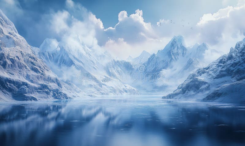 壮丽的雪山，映衬宁静的湖泊宁静的冬季景观，清澈的蓝天遥远的山峰，柔和的山峰 免版税库存图片