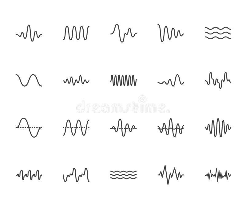 Sound waves flat line icons set. Vibration, soundwave, audio voice signal, abstract waveform frequency vector illustrations. Outline pictogram for music app. Pixel perfect 64x64. Editable Strokes. Sound waves flat line icons set. Vibration, soundwave, audio voice signal, abstract waveform frequency vector illustrations. Outline pictogram for music app. Pixel perfect 64x64. Editable Strokes.