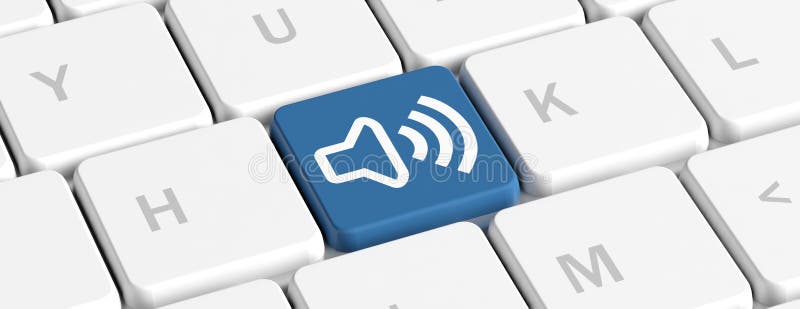 声音,计算机容量 有一位报告人的蓝色关键按钮在键盘,横幅 3d例证 库存例证 声音,计算机容量 有一位报告人的蓝色关键按钮在键盘,横幅 3d例证 库存例证