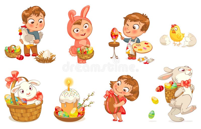 Happy Easter. Cute Easter bunny sitting in a basket, juggling with easter eggs, decorated Easter Egg. Little girl holding large chocolate egg. Boy dressed in a bunny costume. Vector illustration. Set. Happy Easter. Cute Easter bunny sitting in a basket, juggling with easter eggs, decorated Easter Egg. Little girl holding large chocolate egg. Boy dressed in a bunny costume. Vector illustration. Set