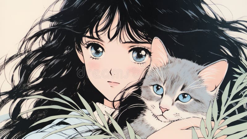 复古动画插图，画的是一位年轻的甜美女士，长着黑发，长着富于表情的深蓝色眼睛，抱着她 免版税库存图片