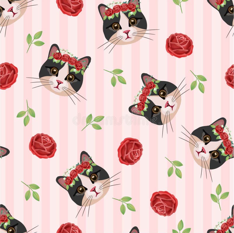 复古手绘玫瑰叶猫无缝矢量背景 动物插图 粉色条纹背景 皇族释放例证