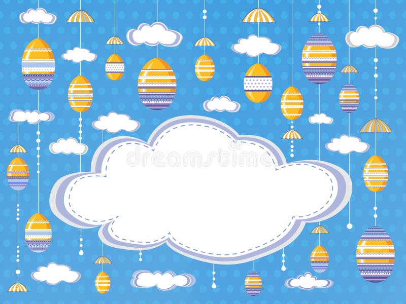 复活节欢乐背景或海报与云彩和垂悬的装饰鸡蛋在天空背景与空的空间文本的 库存例证 复活节欢乐背景或海报与云彩和垂悬的装饰鸡蛋在天空背景与空的空间文本的 库存例证