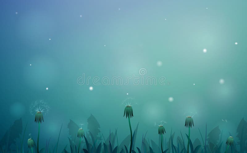 Fairy dandelion, fairy summer night with fireflies, glade silhouette at night, fireflies in the summer dream background, vector,. Fairy dandelion, fairy summer night with fireflies, glade silhouette at night, fireflies in the summer dream background, vector,