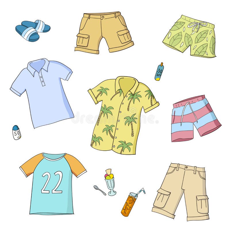 Summer men and boys clothes. Set of colorful hand drawn vector illustrations. Isolated on white background. Each object on a different layer. Summer men and boys clothes. Set of colorful hand drawn vector illustrations. Isolated on white background. Each object on a different layer