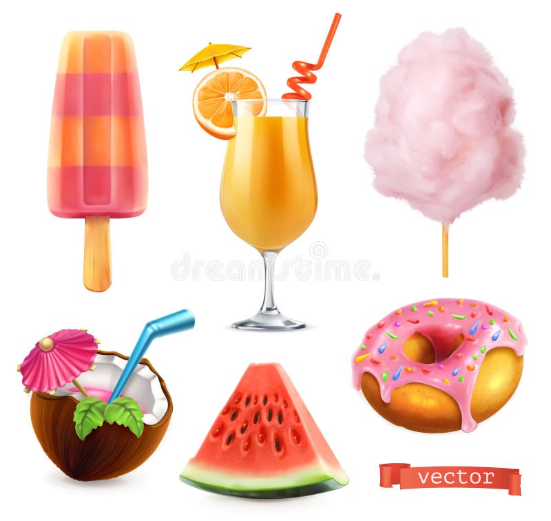 夏天，甜食物 冰淇凌、橙汁、棉花糖、鸡尾酒、西瓜和多福饼 3d传染媒介象集合