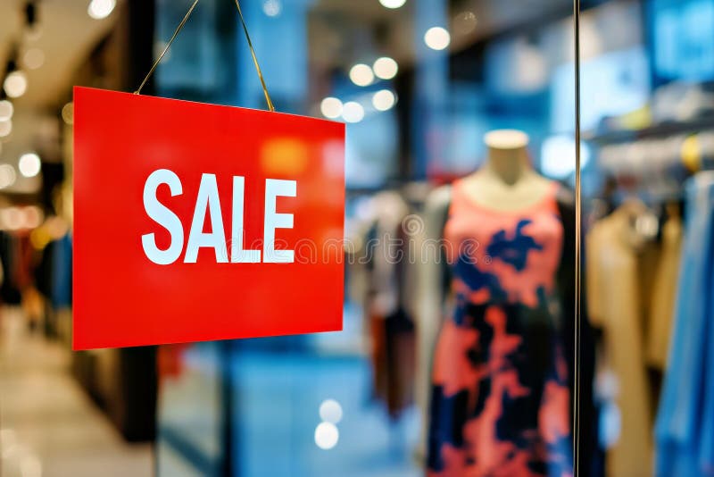 夏季促销. 在服装店橱窗上悬挂文字SALE的红色广告横幅板 库存图片
