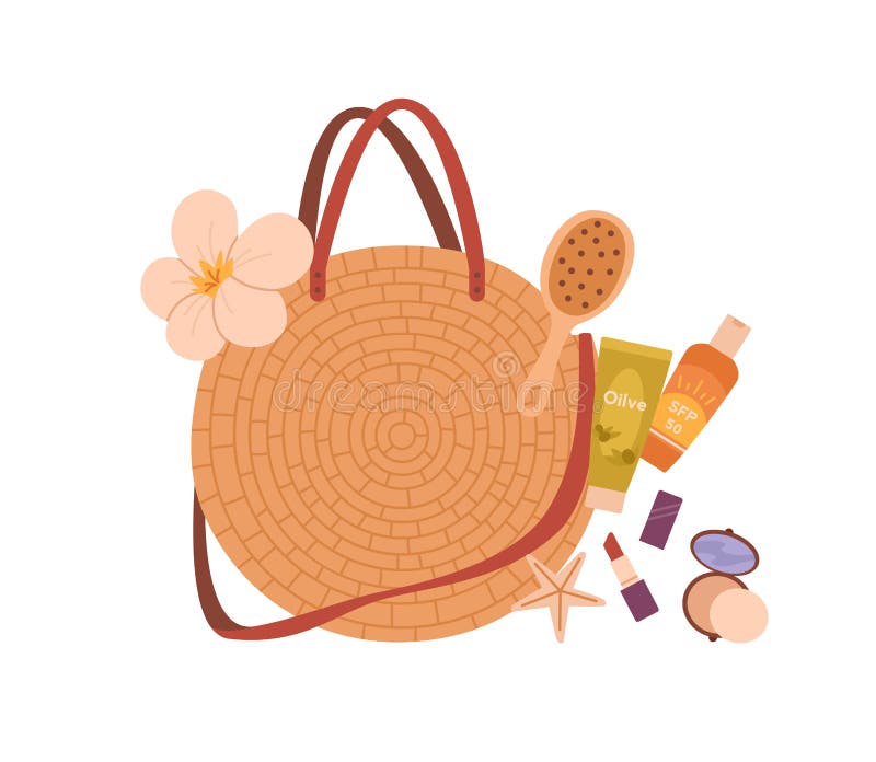 Round straw bag with summer beach essentials. Woven women accessory with contents, cosmetics, suncream, lipstick, hairbrush, powder and flower. Flat vector illustration isolated on white background. Round straw bag with summer beach essentials. Woven women accessory with contents, cosmetics, suncream, lipstick, hairbrush, powder and flower. Flat vector illustration isolated on white background.