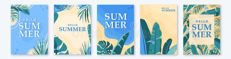 夏季热带集矢量图背景. 丛林棕榈叶香蕉的回归海报 库存例证