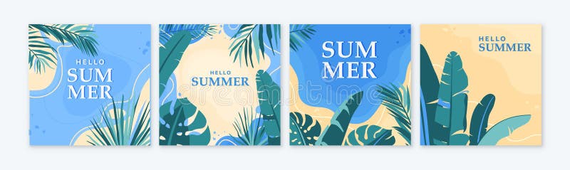 夏季热带集矢量图背景. 丛林棕榈叶香蕉的回归海报 向量例证